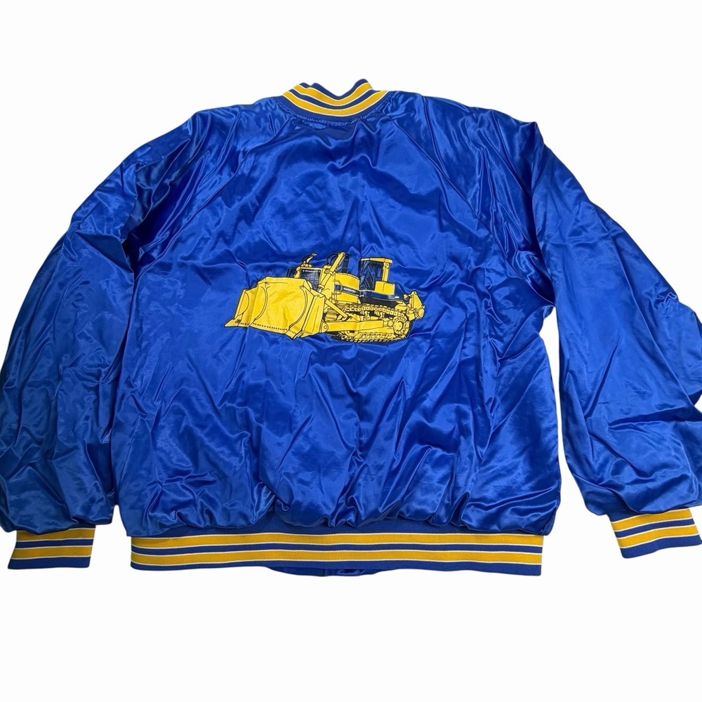 VTG 80's Komatsu Excavators Satin Jacket XXL Blue Yellow Made‎ In USA Bulldozer